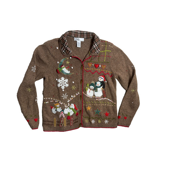 Kikit Sweaters - Christmas Sweater Cardigan Brown Wool Blend Plaid Collar Sz L Kikit Cottage Vtg